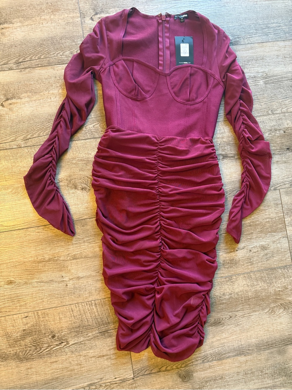 Fashion Nova Burgundy Ruched Long Sleeve Bodycon Dress